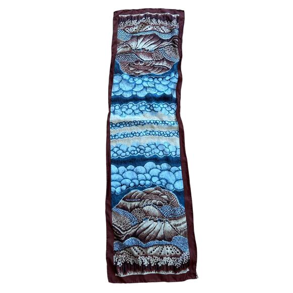 Vintage Silk Scarf Brown Blue Japanese Woodblock Farm Scene Art Print 12.5 x 43 - Picture 3 of 6